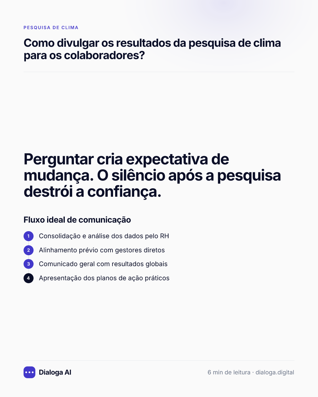 Perguntar cria expectativa de mudança. O silêncio após a pesquisa destrói a confiança. Fluxo ideal de comunicação: 1. Consolidação e análise dos dados pelo RH; 2. Alinhamento prévio com gestores diretos; 3. Comunicado geral com resultados globais; 4. Apresentação dos planos de ação práticos.