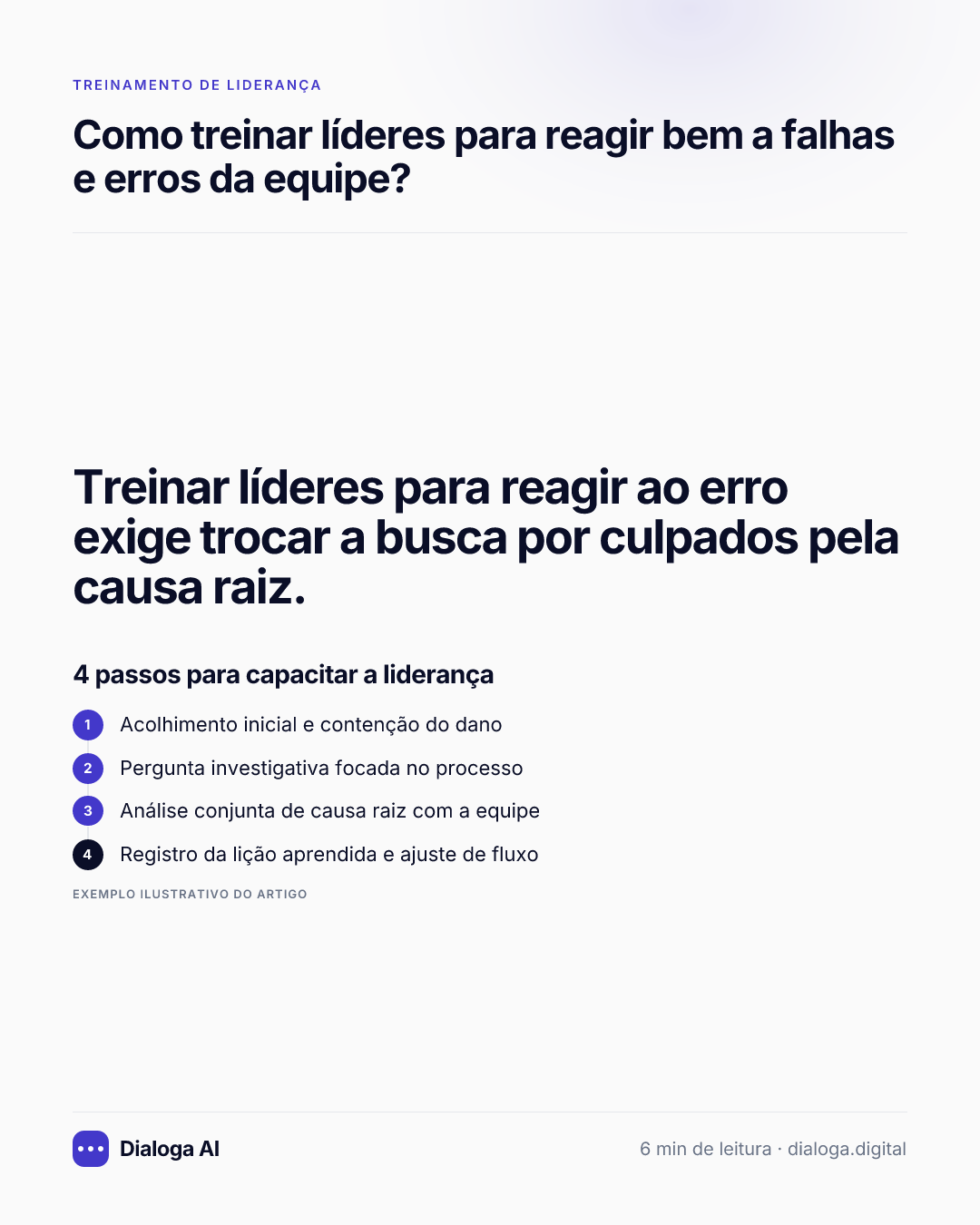 Treinar líderes para reagir ao erro exige trocar a busca por culpados pela causa raiz. 4 passos para capacitar a liderança: 1. Acolhimento inicial e contenção do dano; 2. Pergunta investigativa focada no processo; 3. Análise conjunta de causa raiz com a equipe; 4. Registro da lição aprendida e ajuste de fluxo.