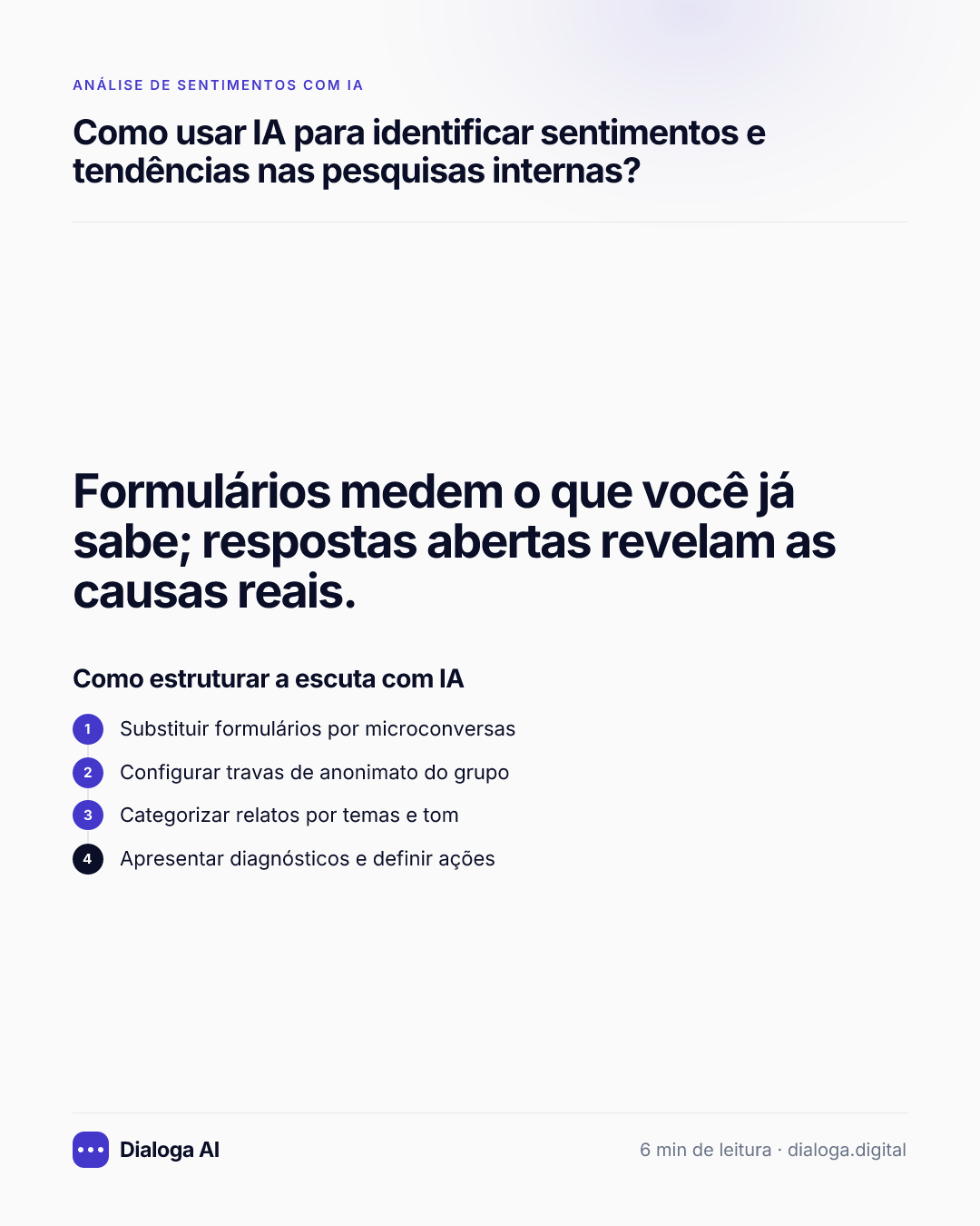 Formulários medem o que você já sabe; respostas abertas revelam as causas reais. Como estruturar a escuta com IA: 1. Substituir formulários por microconversas; 2. Configurar travas de anonimato do grupo; 3. Categorizar relatos por temas e tom; 4. Apresentar diagnósticos e definir ações.