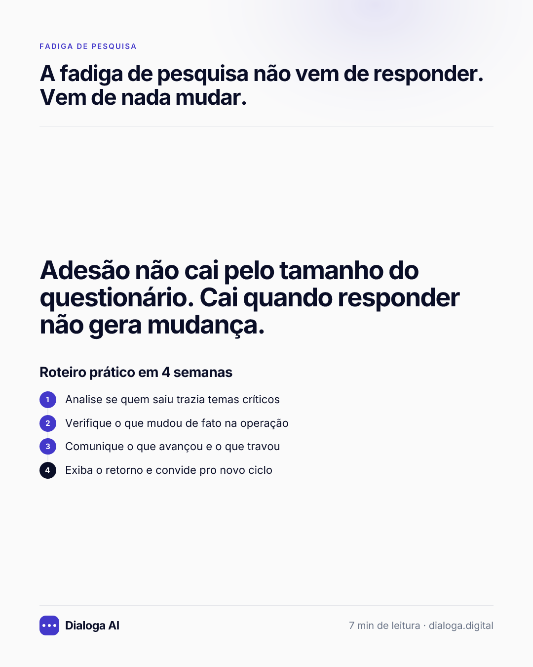Adesão não cai pelo tamanho do questionário. Cai quando responder não gera mudança. Roteiro prático em 4 semanas: 1. Analise se quem saiu trazia temas críticos; 2. Verifique o que mudou de fato na operação; 3. Comunique o que avançou e o que travou; 4. Exiba o retorno e convide pro novo ciclo.